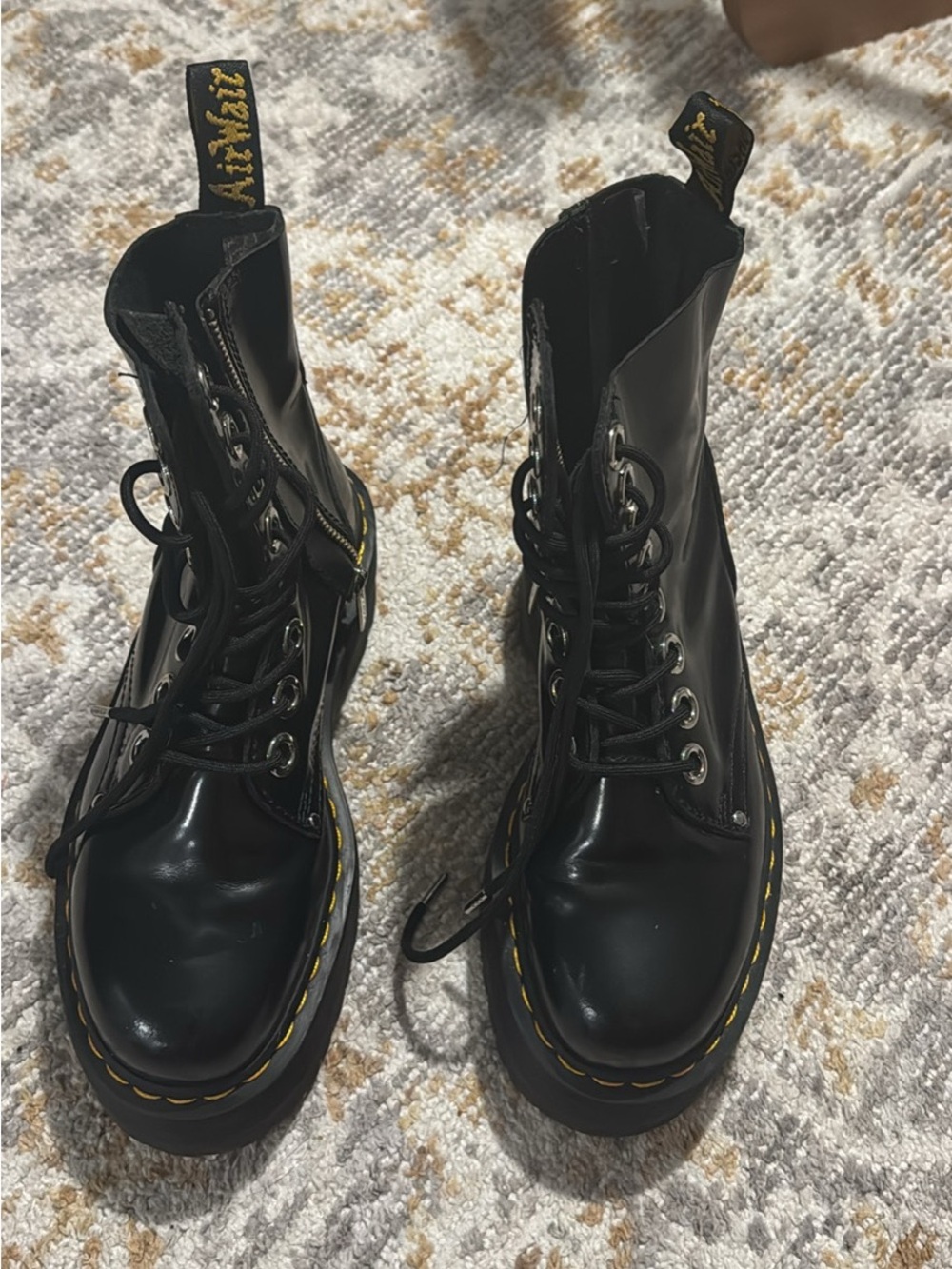 Dr. Martens Black Leather Lace-Up Combat Boots with Yellow Stitch, Jadon Max